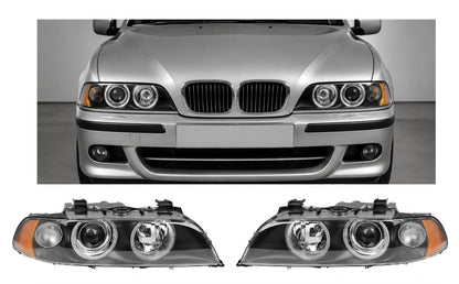 Black Projector Headlight Set For BMW 5 Series E39 Facelift 2001-2003 Left & Right Amber Corner Halogen