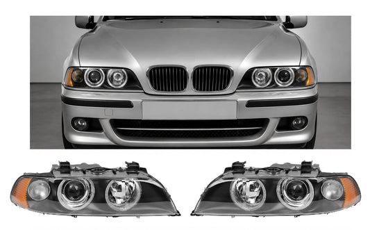 Black Projector Headlight Set For BMW 5 Series E39 Facelift 2001-2003 Left & Right Amber Corner Halogen